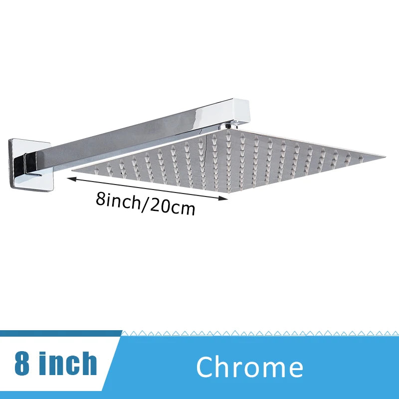 Chrome Ultrathin Bath 8''10''12" Rainfall Shower Head with Shower Arm Stainless Steel Bathroom Accessory
