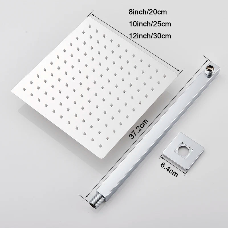 Chrome Ultrathin Bath 8''10''12" Rainfall Shower Head with Shower Arm Stainless Steel Bathroom Accessory