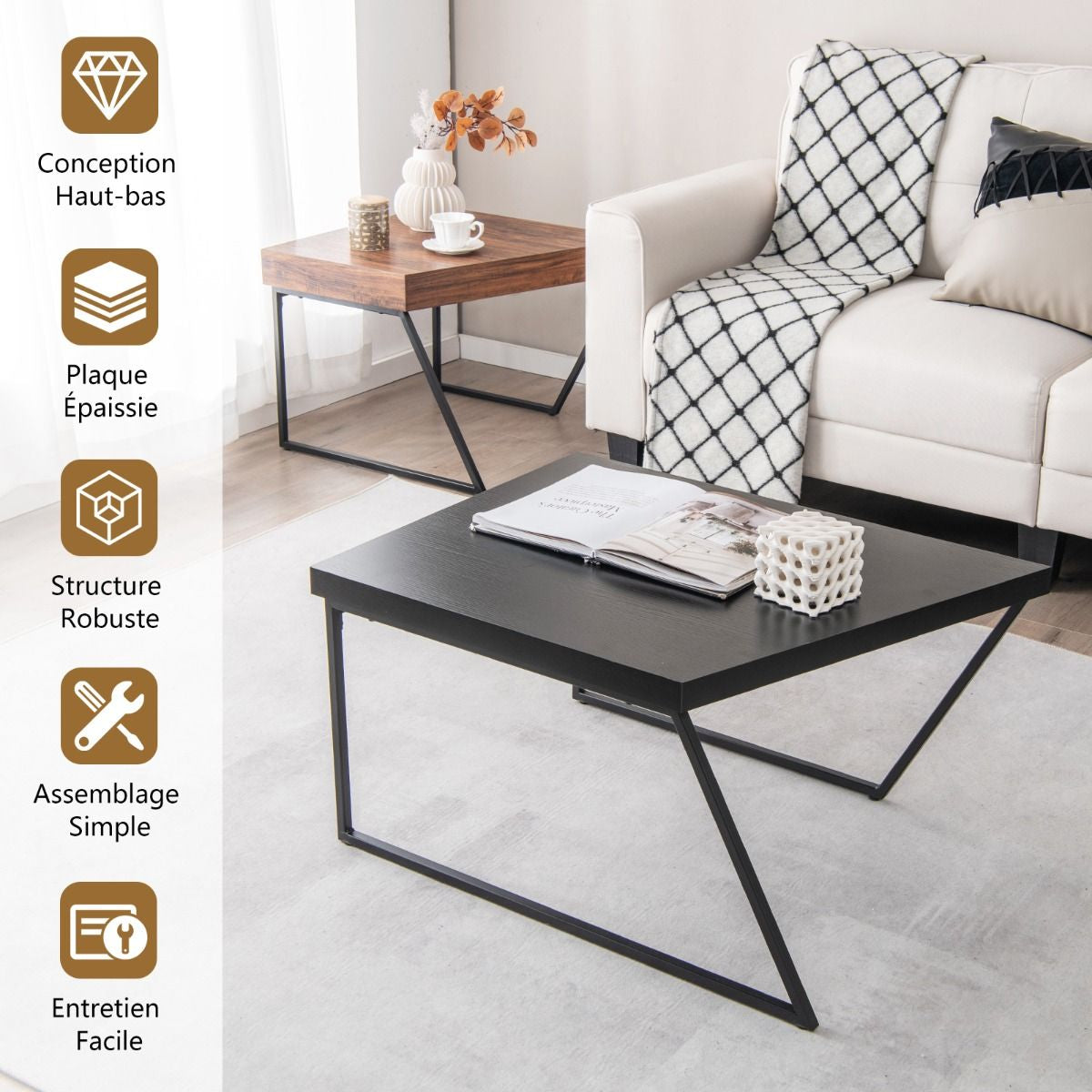 Lot De 2 Tables Basses Gigognes Avec Cadre Métal, Tables D'Appoint Style Industriel Avec 8 Pieds Antidérapants Réglables Noir+Marron