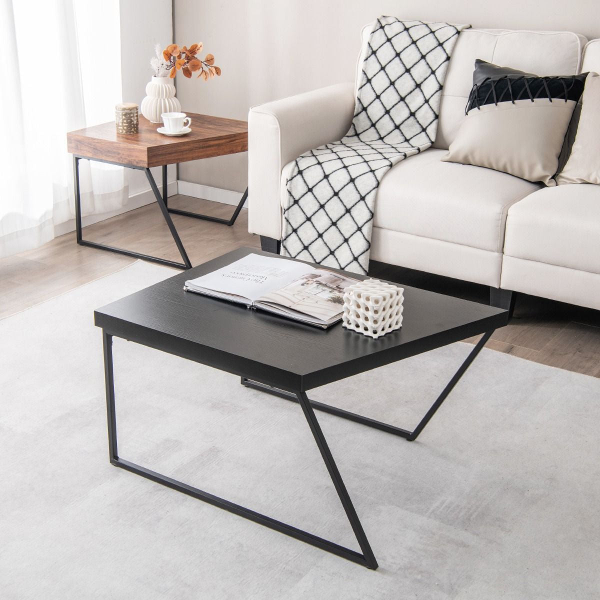 Lot De 2 Tables Basses Gigognes Avec Cadre Métal, Tables D'Appoint Style Industriel Avec 8 Pieds Antidérapants Réglables Noir+Marron